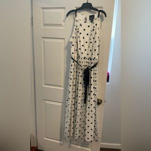 Sleeveless, polka dot dress with black self-tie belt, size 2x